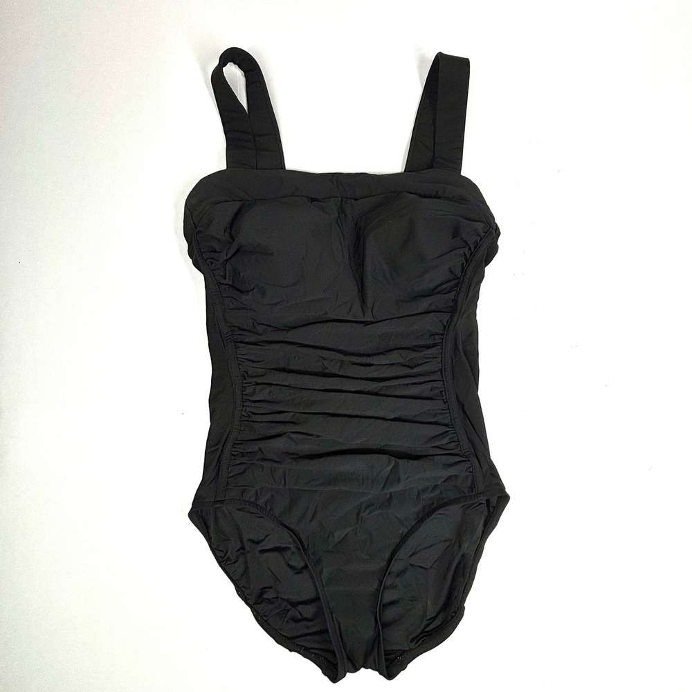 Catalina Black Retro Ruched 1pc Swimsuit Sz 10 Slimmer Square Neck Padded GUC